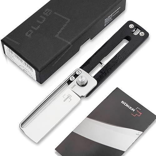 BÖKER PLUS® S-RAIL Mini EDC Messer - kleines Schlüsselbund-Messer ohne Spitze - hochwertiges D2 Paketmesser - Dog Tag Knife mit Cleaver Klinge - 1 Hand Slider Knife mit Clip - G10 Kartonmesser