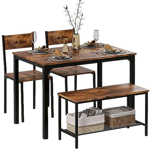 DlandHome 4-teiliges Set Esstisch mit 2 Stühlen & 1 Bank Küchenmöbelset aus Holz und Stahlgestell Vintage-Farbe/Schwarz