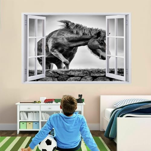 3D Wandtattoo Durchbruch Wanddeko Pferd Wanddurchbruch sticker selbstklebend Wandbild Wandsticker Schwarze Und Weiße Tiere Wohnzimmer Wanddeko Wandaufkleber für Teenager Zimmer 120x80cm