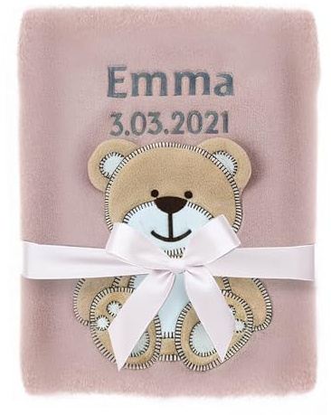 cozy racoon Babydecke Bestickt mit Namen und Geburtsdatum | Weiche Kuscheldecke für Baby Mädchen I Personalisiertes Geschenk zur Geburt oder als Erstausstattung I Altrosa Decke mit Bär