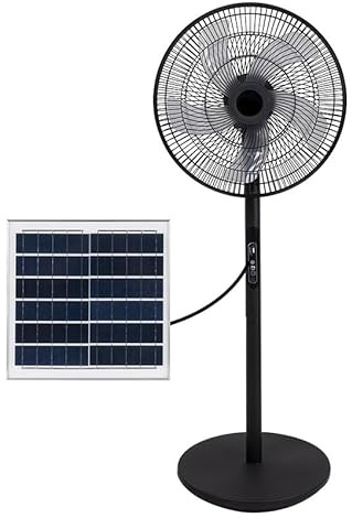 Eden pulse Ventilador de pie solar 30W con 3 velocidades, 5 aspas, puerto USB y batería de litio, ideal para enfriar espacios exteriores.