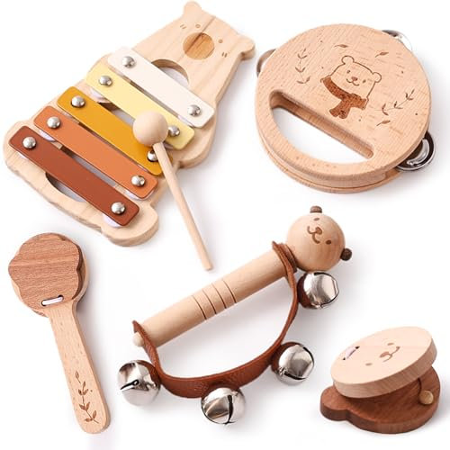 OESSUF Bear Toddler Musical Instruments 12+ Months | Wooden Musical instruments for Baby 1 Year Olds | Childrens Musical Instruments Xylophone Tambourine Baby Montessori Musical Toys for Girl Boy Gift
