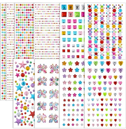 4200+ Stück Glitzersteine Selbstklebend, 10 Blätter Strasssteine, Acryl Bunt Glitzersteine zum Basteln, Gesichtsmake-Up, DIY, Augen, Nagel, Verschiedene Formen und Größen