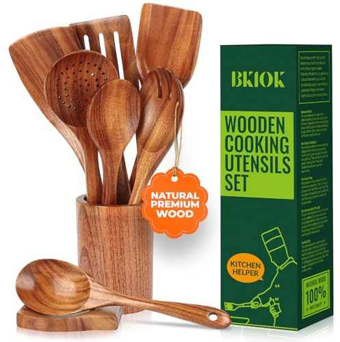 Bkiok Teakholz-Utensilien-Set, Holz-Utensilien-Set für die Küche, handgefertigtes Kochutensilien-Set mit Löffelablage und Utensilienhalter (9-teilig)