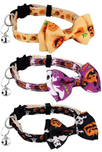 3pcs Halloween Cat Collar, Breakaway Kitty Collar with Bell Bow Tie Cute Kitten Collar Adjustable Holiday Pumpkin Bats Kitten Collar Decoration Accessories for Cat Puppy Kitten