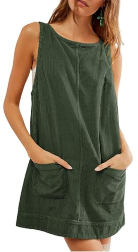 SotRong Abiti Mini Vintage in Corduroy per Donne UK Primavera Inverno Autunno A Linea Gonna Lunga al Ginocchio Abito Casual Elegante Sciolto Senza Maniche Babydoll Gonna con Tasche, Verde militare, M