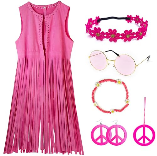 KitChocoLot Hippie Damen Weste Kostüm Set, 7Pc, 60er 70er Jahre Outfit, Hippie Kleidung, Fransenweste Für Karneval, Vintage Rosa