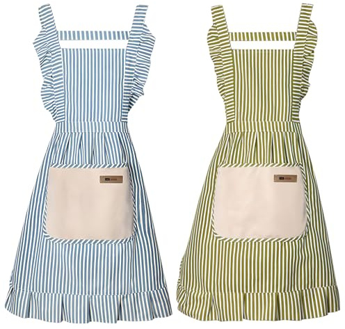 G-LIKE Damen Mädchen Schürze Küchenschürze – 2er Set Kochschürzen mit Spitzen Tasche Schnüren Ölbeständig Schmutzabweisend Baumwolle Leinen Korallenvlies für Kochen Backen Grillen