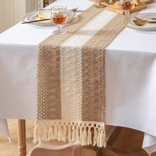meioro Böhmische Tischläufer für Tisch Dekoration, 30x120cm Tischdeko aus Gewebtem Jutestoff mit Quasten, Rechteckige Landhausstil Tischdecke für Esszimmer Urlaub Party Wohnzimmer (Braun & Weiß)