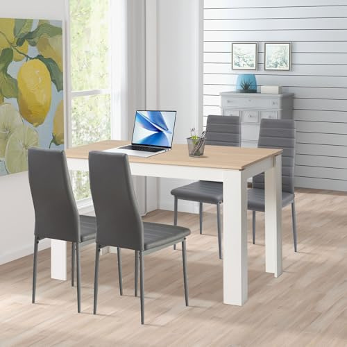 FURNITABLE Esstisch mit 4 Stühlen Esszimmergruppe, Essgruppe mit Hochlehner Kunstleder Stuhl für 4 Personen, Sitzgruppe für Küche Wohnzimmer(120cm Eiche-Weiß Tischbein Tisch+4 Grau Stühle)