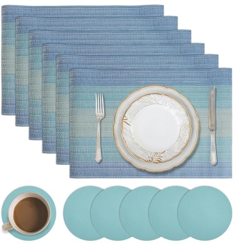 Tischsets Abwaschbar mit Untersetzer, 6er Set Platzsets Abwaschbar aus Kunstleder, Doppelseitig Umkehrbar rutschfest Platzsets, Platz-Matten für Küche Zuhause Büro Speisetisch (Blau)