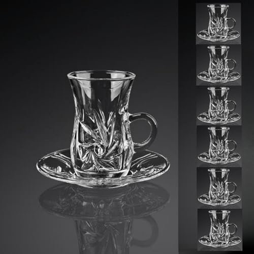 Juego de 6 vasos de cristal turco, vasos transparentes con asa, cristalería vintage, vasos y bandeja para café y té, decoración de cocina