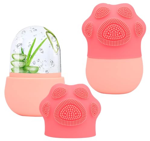 FLOWERUN 2 Pezzi Ice Roller Viso, Rullo di Ghiaccio Facciale, Stampo Ghiaccio Viso Riutilizzabile in Silicone, Riduzione Pori e Occhiaie, per Routine di Bellezza Naturale (Zampe Gatto Rosa)