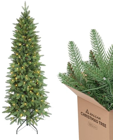 SALCAR Albero di Natale artificiale Slim 180 cm, realistico Pencil Albero di Natale in PE e PVC invisibile, 1,8 m, albero di Natale verde con LED bianco caldo
