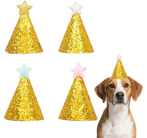 Mini-Partyhüte für Haustiere und Spielzeug, Stofftiere, 4 Farben, Sternspitze, glitzernd, goldfarbene Pailletten, verstellbare Geburtstagshüte, Welpen, Kätzchen, Katzen, Kaninchen, Teddy