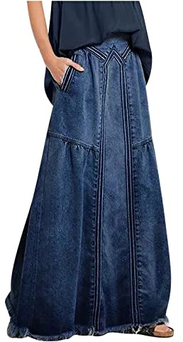 OVARA Denim Maxi Skirts for Women Elastic High Waist Stretch Jean Skirt with Pockets Ladies Vinatge Full Length Long Skirt Plus Size Frayed Casual Cowgirl Skirts