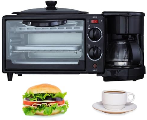 Breakfast Maker Station, 3 in 1 Multifunction Machine with 9L Toaster Oven, 600ML Coffee Maker, Non-stick Frying Pan and Egg Sandwich Maker, Temperature Control 100℃-230℃