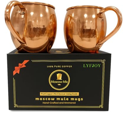 LYFJOY Premium Copper Plain Design Moscow Mule Mug with Copper Handle Drinkware | Serveware Perfect for Cocktails Drinks Hot | Cold Traditional Durable Classic Home Gifts 550ml (Pack of 2)