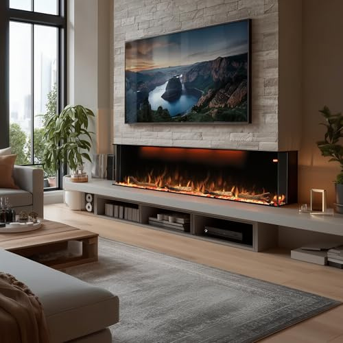 Omni-burn 183cm 3-Side Recessed & Wall-Mounted Electric Fireplace Insert with Log Speaker, 13 Fuel Bed & Flame Colour Options, 3 Top Led Light Colours, 9H Timer