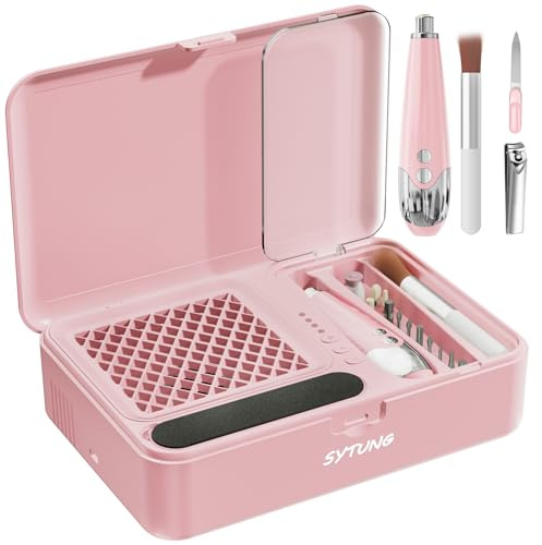 SYTUNG Fresa de uñas con aspiración, 15000 rpm, ventilador de uñas al vacío, colector de polvo con paño de filtro reutilizable, juego de taladro de uñas portátil para pulir uñas acrílicas (rosa)