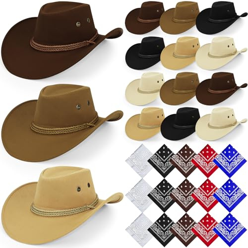 OGMBI 15er-Pack Cowboyhüte und Halstücher-Set, Western Cowboy Kostüm Set für Männer und Frauen, Verkleidung für Karneval, Halloween, Geburtstag und Western Party