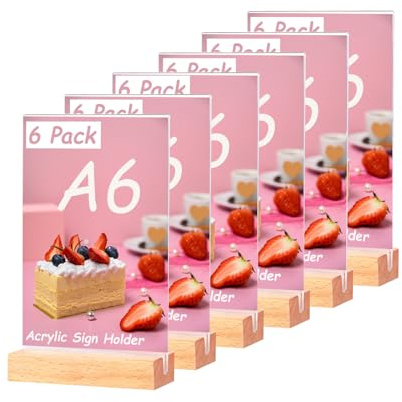 URbantin A6 Acrylic Sign Holder,6 Pack Clear Display Stands Plastic Menu Holders for Restaurant, Hotel, Documents, Office, Shop (Wood Base)