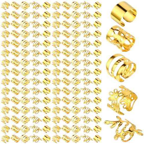 LXUEJIE 150 Stück Haarschmuck Gold, Goldene Haar Ringe Für Zöpfe Und Dreadlocks, Verstellbare Metallische Geflecht Ringe, Festival Hair Jewellery Accessoire