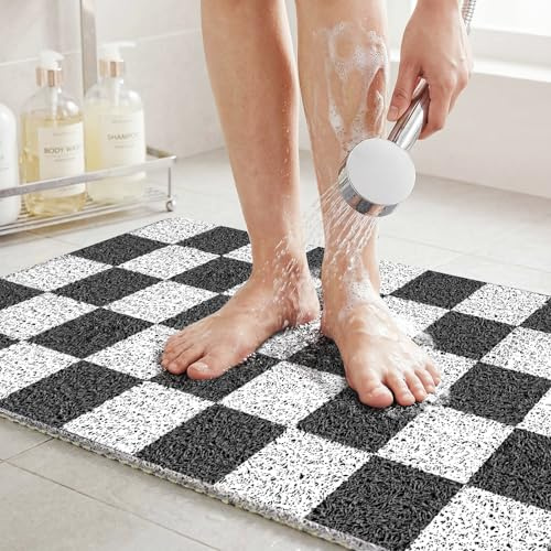 Duschmatte rutschfest 50x80 cm kariert, Schnelltrocknende & Schimmelresistente PVC Badematte als Antirutschmatte für Dusche und Duschkabine, Waschbare Duschunterlage, Schwarz Weiß kariert