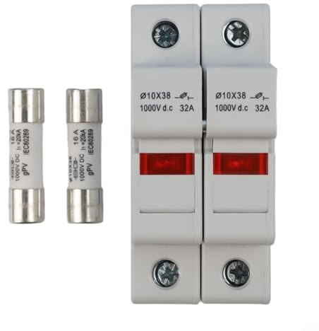 2P Sicherungshalter für Solarmodule 1000V DC 10x38mm mit LED Kompatibel mit 16-30A PV Sicherungen für PV-Schnurschutz DIN-Schienenmontage IEC 60269-6 zertifiziert (16A)