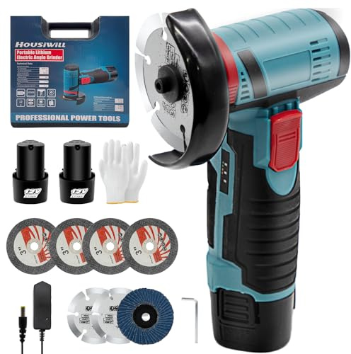 76MM Smerigliatrice a Batteria, 19500RPM Smerigliatrice Angolare, Mini Smerigliatrice a Batteria con Caricatore e 2 Batterie, 7 Dischi da Taglio per Tagliare, Lucidare e Levigare