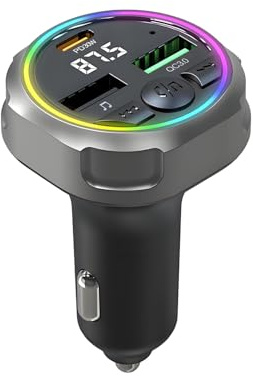 QUMOX Chargeur de voiture avec émetteur FM Bluetooth 5.3, charge rapide PD 30 W + QC3.0, éclairage d'ambiance RGB, deux ports USB, appels mains libres, musique haute fidélité, compatible avec iPhone/S