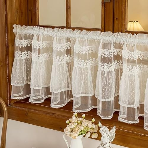 Devola Spitze Scheibengardine mit Blumenstickerei HxB 40x150cm Weiß 1 Stück | Halbtransparente Gardine Kurz Küchengardinen Romantisch Landhaus Bistrogardine für Kleine Fenster Fertiggardine