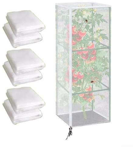 3 Stück Vogelschutznetz für den Garten mit Reißverschluss und Kordelzug, reißfestes PE-Netz zum Schutz von Tomatenkäfigen vor Vögeln, Kaninchen und Insekten (60 x 60 x 150 cm)