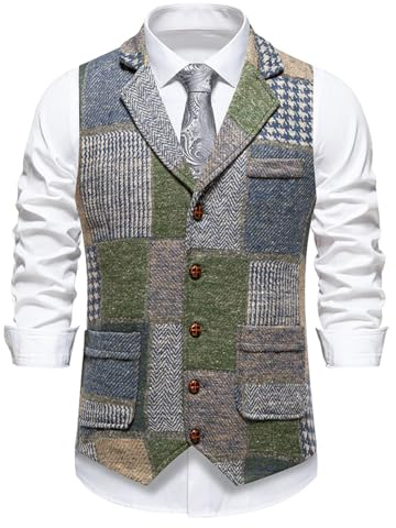 MakingDa Patchwork Waistcoat Mens Casual Vintage Slim Fit V-Neck Single Breasted Waist Coats with Pocket for Wedding Party Business-Green-L