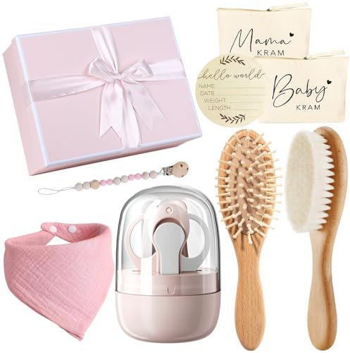 8 in 1 Rosa Neugeborenen Geschenk Set - Babygeschenke zur Geburt Junge MäDchen mit Wolle Haarbürste Baby Nagelpflege Set Geburtskarte Segeltuchbeutel Massagekamm Schnullerclip Babylätzchen Geschenkbox