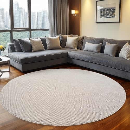 Teppium Teppich Rund 200 cm Creme Einfarbig Bouclé Schlingenflor Skandi Stil Modern Weich Strapazierfähig Pflegeleicht großer runder Teppich für Wohnzimmer Esszimmer Schlafzimmer