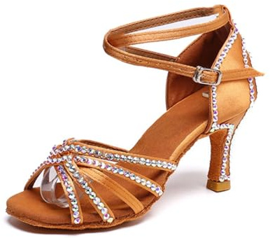 Hixingo Scarpe da Ballo Latino Donna Tacco 7CM, per Le Donne Tacchi Bassi per Salsa Jazz Ballroom,Sala da Ballo Partito, Salsa Danza Pratica Prestazioni Scarpe (LH-59 Marrone,39)