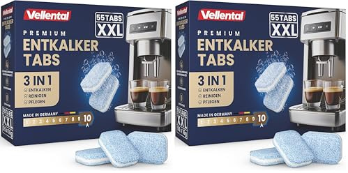 3-in-1 Entkalker für Kaffeevollautomaten & Kaffeemaschinen (55 Stück) - Entkalkungstabletten für Siemens EQ-Serie, Delonghi, Jura, Krups, Bosch, Miele, Melitta, Tassimo, WMF (Packung mit 2)