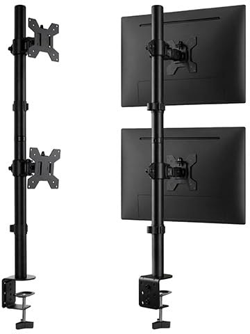 Futura Vertical Dual Monitor Stand, 13–32 Inch, VESA 100x100, 8kg Each | Stacks two 13–32 inch screens up to 8kg each, VESA 75x75/100x100, 800mm height, 45° tilt, 180° swivel and C-clamp.