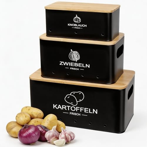 Otauoaea Lot de 3 Boite Pomme de Terre Onion Ail, Rangement Pomme de Terre Oignon Ail Echalotte, Panier Pot Conservation avec Couvercle en Bambou | Noir