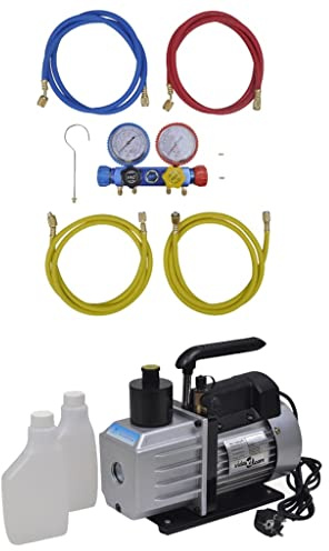 sephironlbb Pompa a vuoto con distributore a 4 vie, set per condizionatori d'aria, corpo in alluminio, volume olio 250 ml, 220 V 50 Hz, tubi da 152 cm, adatto per refrigeranti R134, R410a, R22, R407c