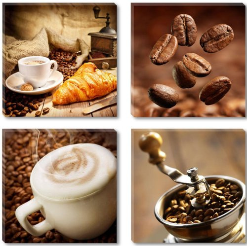 Visario Leinwandbild Kaffee Motiv 60x60 cm 4-teilig je 30x30 cm 6603 Cappuccino Kaffeebohnen Croissant Kaffeemühle Braun Beige Wandbild Küche Esszimmer Café Deko Wanddekoration Fertig auf Holzrahmen