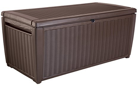Keter Sumatra Auflagenbox, Kissenbox für draußen, 511 L, wetterfest, Deckel mit Gasdruckfeder, Außenmaße:145x73x64 cm, Sitzgelegenheit für 2 Personen, Braun