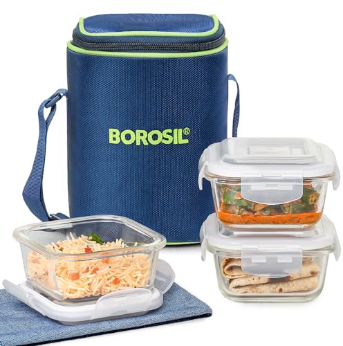 Borosil Klip N Store au micro-ondes conteneurs Lot de 3 avec sac à déjeuner 320ml claire