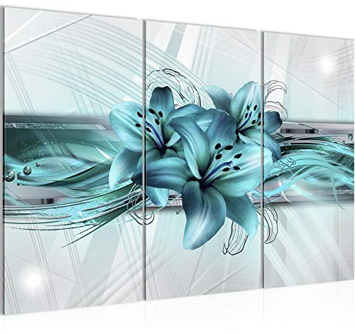 Runa Art Wandbilder Blumen Lilien Bild XXL Wohnzimmer Schlafzimmer Türkis Abstrakt 120 x 80 cm 3 Teilig 008731a