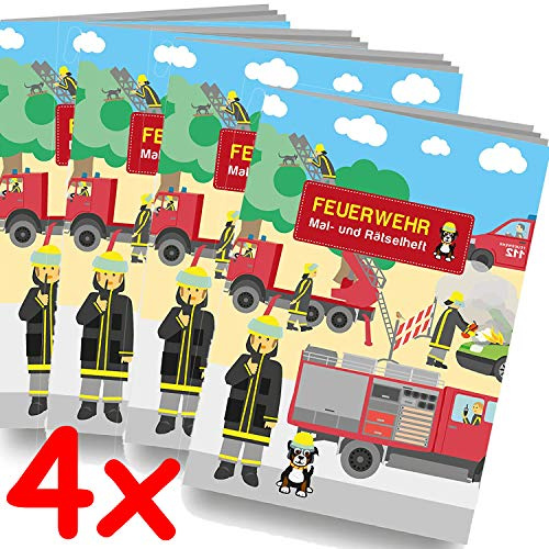 4 Mal- und Rätselhefte * FEUERWEHR * mit 12 Seiten in DIN A6 | perfekt als Mitgebsel oder Geschenk | Malbuch Feuerwehrauto Fire Fighter Malen Malblock Kinder