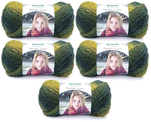 Gründl Pacific Lace 80% Polyacryl 5 x 100 g, Maronenmoosgrün | 10 % Wolle, 10 % Alpaka, 100 g / 550 m, Nadelstärke: 2,5 mm - 3 mm, 100 g