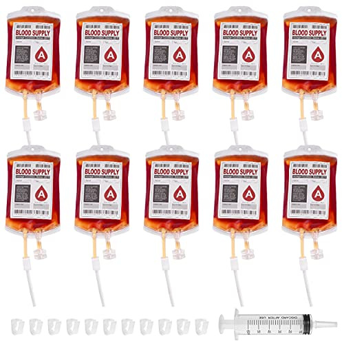 Supvox 10 Stück Halloween Trinkgefäß Blutbeutel Zum Befüllen Blutbeutel IV Taschen Getränkebehälter mit Spritze Clips Blutart Aufkleber für Halloween Zombie