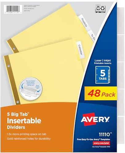 Avery Insertable Dividers for 3 Ring Binder, 5-Tab Sets, Clear Big Tabs, Buff Paper with Gold-Reinforced Holes, 48 Sets Total, Great for Organizing Reports, Projects, and More (48 Packs of 11110)