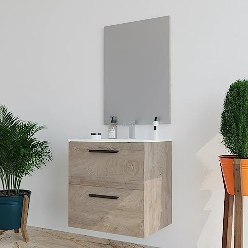MarinelliGroup Mobile bagno 60 cm sospeso lavabo ceramica specchio 2 cassetti bianco lucido 60 x 45 x 57 cm 305180C